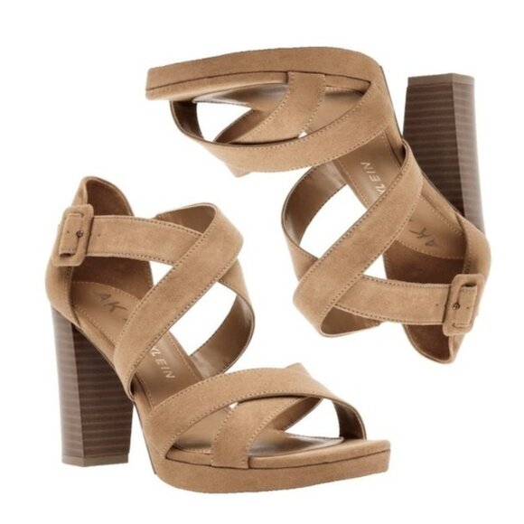 AK Anne Klein Valta Chunky Sandals Size 9.5 Block Heel Strappy Brown Crossover - Picture 1 of 9
